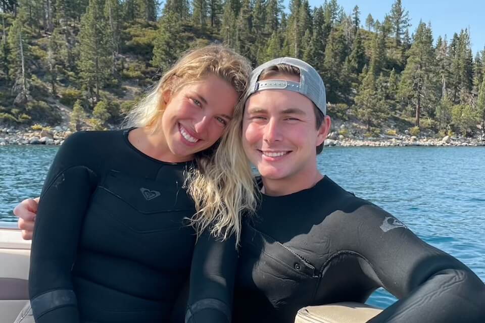 Thurso Surf Creators Alli Jaeger and Nick Reilly in wetsuits at Lake Tahoe