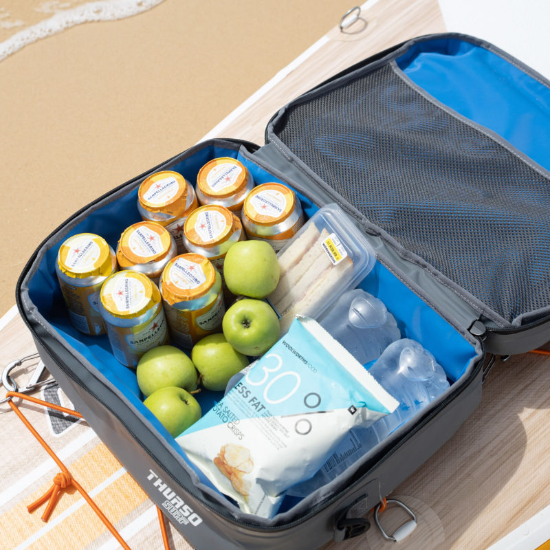 The THURSO SURF paddle board deck bag easily fits 20 cans or equivalent amount of food for your multi-day excursion
