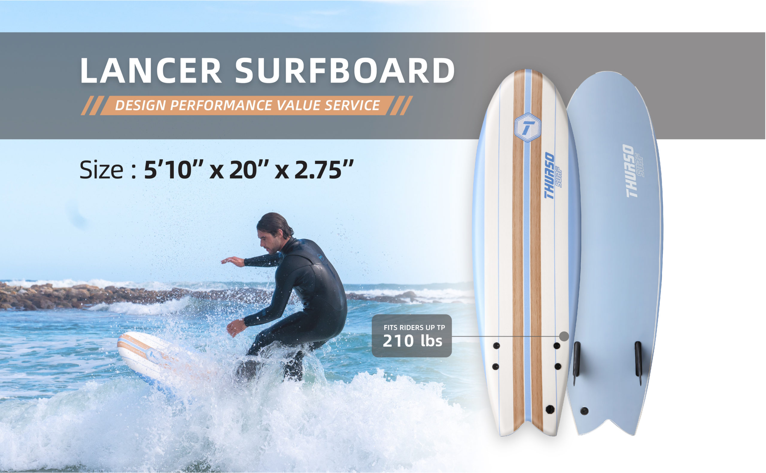 THURSO SURF Lancer 5'10'' Soft Top Foam Surfboard Fish Surf board for Kids size